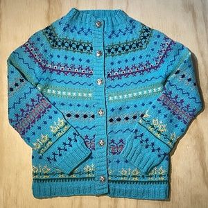 Handknit Cardigan Fair Isle Knit Pattern Aqua Blue Silver Buttons Raglan Sleeve